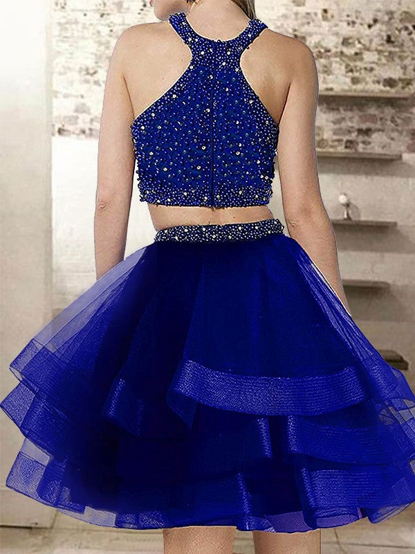 Wholesale A-Line Halter Cut Short With Beading Organza Blue Homecoming Dresses